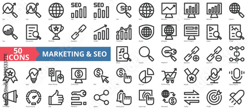 Marketing and SEO icon collection set. Containing ranking, keyword, analytics, online shop, ppc, target, search icon. Simple line vector.