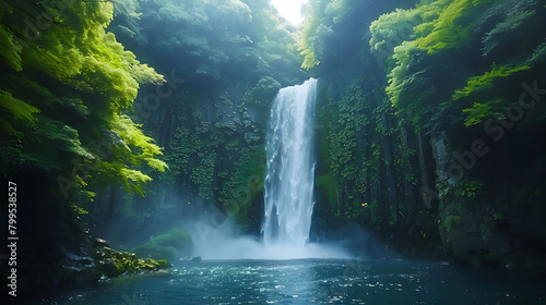 natural wonders of the world a serene waterfall cascading over blue waters, surrounded by lush gree