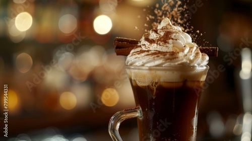 A nonalcoholic Irish coffee being served at the bar complete with whipped cream and a sprinkle of cinnamon on top.