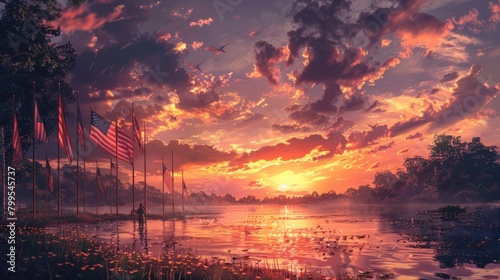 A peaceful scene of a sunset over a tranquil lake, with American flags lining the shore and a lone soldier paying tribute to fallen soldiers, representing the serenity and solemnity of Memorial Day.