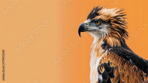 Close-up of majestic bird prey with sharp beak and intense gaze against orange background