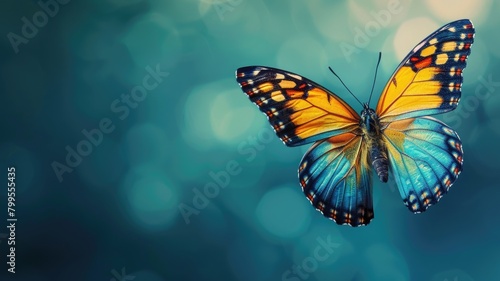 Vibrant butterfly with spread wings on blurred blue background