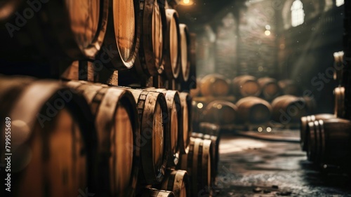 Row of wooden barrels in dimly lit cellar