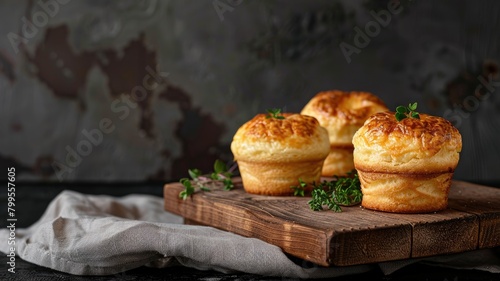 Golden cheese souffles on wooden board with herbs