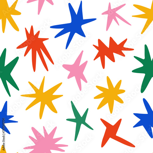 Colorful star seamless pattern. Yellow, red, green and blue childish repeating background. Cartoon bright sparkle and sparks ornament wallpaper. Vector bright nursery repeated backdrop 