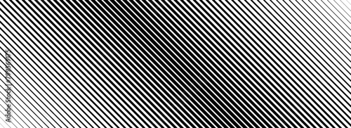 Oblique line halftone gradient texture. Fading diagonal stripe gradation background. Black slanted pattern backdrop. Thin to thick stripe vanish backdrop for overlay, print, cover. Vector wide texture