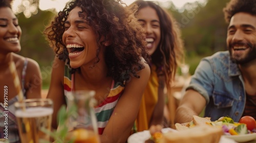 A group of friends laughing and sharing a meal in a picnic setting surrounded by nature and enjoying each others company conveying the nourishing and uplifting aspects of being in nature..