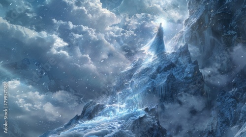Amidst the icy tundras of a distant kingdom a powerful ice queen stands atop a frozen waterfall surrounded by a swirling vortex of . .