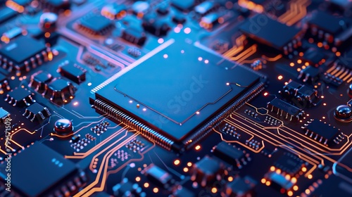 Integrated blue microchip circuit board, CPU on motherboard Artificial Intelligence and machine learning purpose