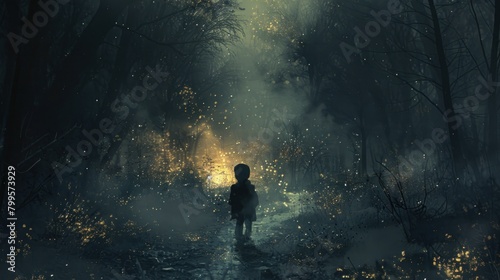 In the cold night within the dark forest, the shadow of a young boy looms.
