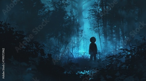 Amidst the darkness of the forest and the cold night air, a little boy's shadow is visible.