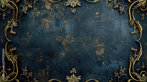 Elegant distressed dark blue background with ornate gold floral designs and patterns