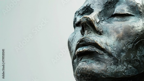 Close-up of textured metallic sculpture depicting human face with abstract, stylized design