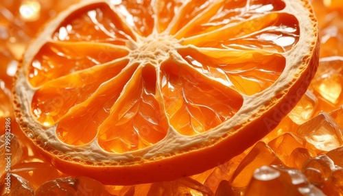 A photo-realistic, close-up image of an orange slice made of glowing orange topaz