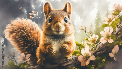 A spring-themed illustration of a joyful squirrel with large, expressive eyes, depicted 