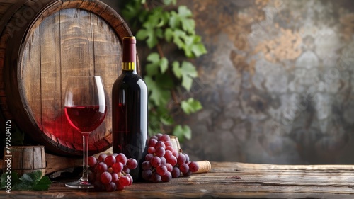 Red wine in glass and bottle with grapes against barrel