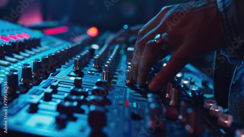 Close-up of hands adjusting knobs on sound mixer in dimly lit environment with blue tones