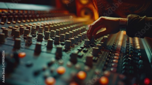 Person adjusting controls on sound mixing console in studio