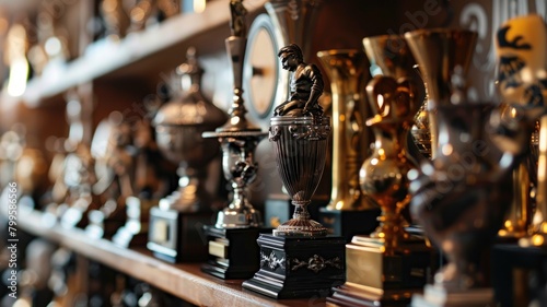 Array of assorted trophies on shelf, symbolizing achievements
