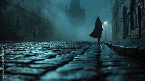 Cloaked figure walking on cobblestone street at night in foggy, gothic setting