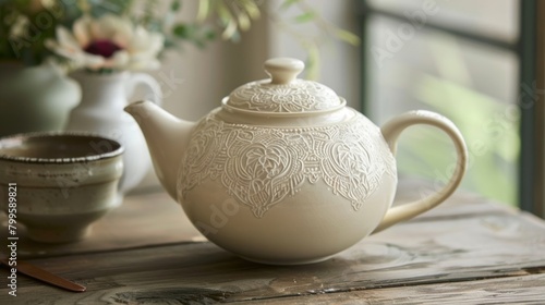 A ceramic teapot is adorned with a delicate lace pattern created by pressing a doily into the surface and carefully removing it to leave a beautiful imprint..