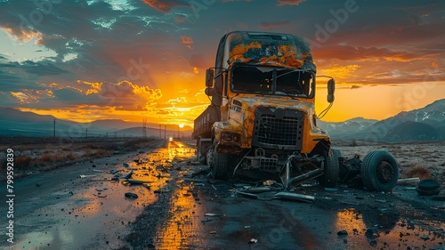 Sunset over a wrecked truck on a highway - A dramatic sunset looms behind the wreckage of a truck on a deserted highway, evoking feelings of nostalgia and transient beauty