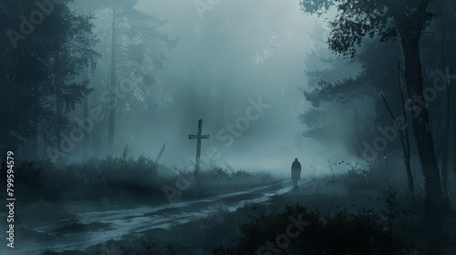A person standing at a crossroads in a foggy forest, with subtle religious symbols in the mist, depicting faith guiding decisions,