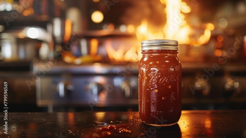 A jar of homemade BBQ sauce sits on the counter its label illuminated by the dancing flames. 2d flat cartoon.