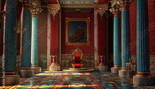 A royal throne room in the style of Russian red and blue colors, with columns on each side of it and a large portrait hanging above an ornate chair placed at its center, adorned by gold accents.