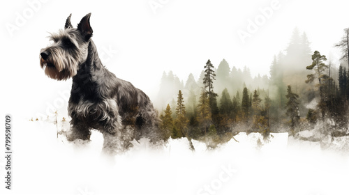 Double Exposure, white background, schnauzer in front of a forest ~ Created using Generative AI