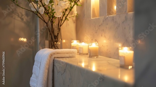 A luxurious spa bathroom boasts alcoves with marble walls each lit with a single candle to create a serene and tranquil atmosphere. 2d flat cartoon.