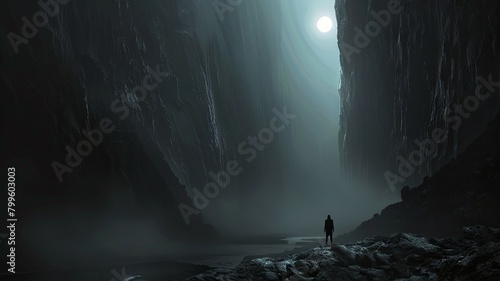 Silhouette of a person in a moonlit cavern - Silhouette of a lone traveler contemplates the sublime beauty of a cavern bathed by soft moonlight, evoking deep calm