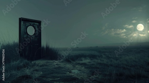 Old-fashioned wooden door stands alone in moonlit field at dusk