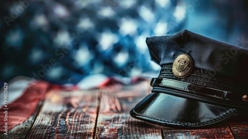 Police officer's cap in front of American flag