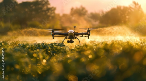 View of agricultural drone spraying pesticides on crops in field.