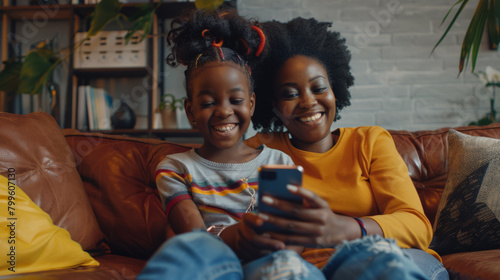 Happy girl and mother sit on sofa with smartphone in video conference chat event with family.