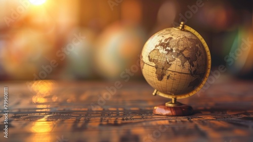 Vintage-style globe on map-themed surface, warm lighting
