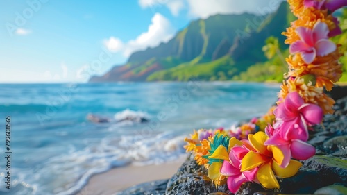 Colorful lei on rocky coastline with ocean and cliffs in background at sunset