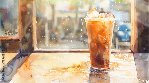Soft watercolor of an iced coffee on a sunny terrace, condensation beads on the glass enhancing the sense of cool refreshment