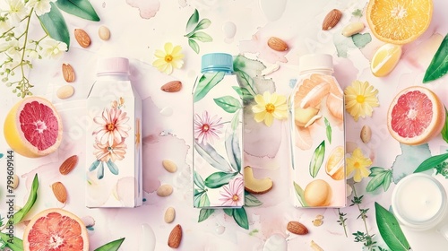 Vibrant watercolor depiction of almond and soy milk cartons surrounded by their source ingredients, highlighting natural origins