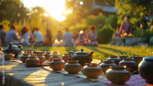 An outdoor tea ceremony takes place as the sun sets creating a serene and peaceful atmosphere for guests.