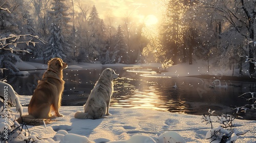 Craft a poignant scene of a pet and their beloved in a winter landscape