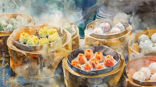 Watercolor of a Chinese dim sum table, with steaming bamboo baskets, the soft steam clouds blending with vibrant dish colors