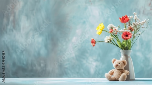Various flowers in white vase next to bear against blue textured background