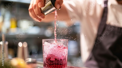 A chef carefully crafting a sparkling elderberry cocktail showcasing the potential for incorporating elderberry into more indulgent drinks.
