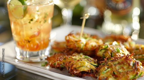 A plate of crispy zucchini fritters served with a citrusy nonalcoholic gfruit margarita.