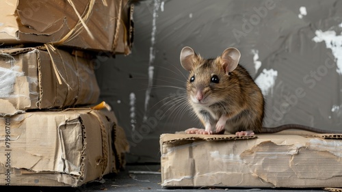 Mouse perched on damaged cardboard in cluttered space
