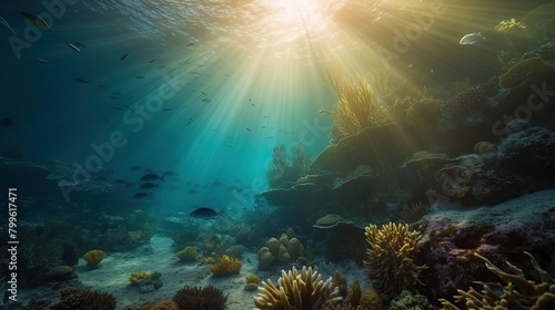 Underwater view of the coral reef and school of fish with light flare. Life in the deep ocean.