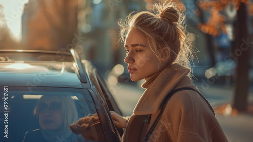 Woman getting into her car on her way home from work. Work-life balance.