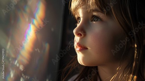 Portrait of beautiful child with contemplative face in closeup and beautiful expressive eyes.